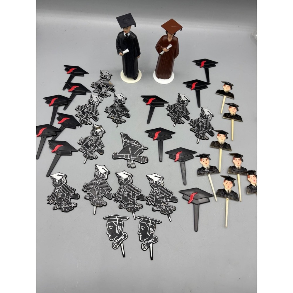 Lot Vintage Graduation Themed Cupcake Picks & Cake Toppers Set Black